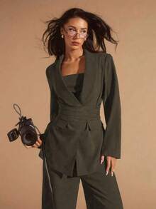 Glamine Completo da donna 3 pezzi verde oliva con collo a revers, casual da pendolare, business versatile per ufficio e uscite, vestibilità ampia, per la Festa degli Insegnanti, estivo - Verde - Visualizzare 8