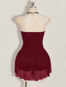 SHEIN ICON Vestido de malla plisado sin tirantes de unicolor para mujer talla grande - Burdeos - Ver 2