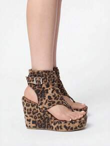 ROMWE Grunge Punk New Thick Platform Wedge Sandals, Comfortable Versatile Hollow-Out High Heel Sandals - Leopard - View 2