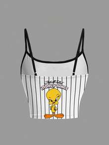LOONEY TUNES X SHEIN Women's Casual Striped Cartoon Pattern Cropped Camisole Top, Summer - White - View 3