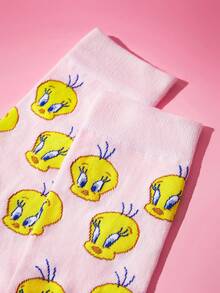 LOONEY TUNES X SHEIN 1雙女款格紋卡通圖案可愛筒襪 - 粉色 - 查看 3