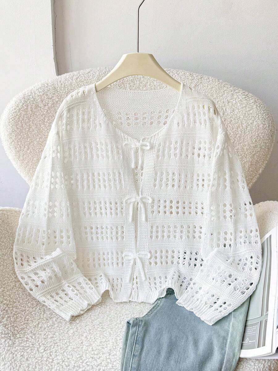 SHEIN Cardigan Rajut Berongga untuk Remaja Perempuan, Cocok untuk Jalan-jalan Santai, Liburan Pantai, Acara Kumpul-kumpul, dan Kesempatan Lainnya, Nyaman, Serbaguna, dan Lembut - Blue and White - View 1