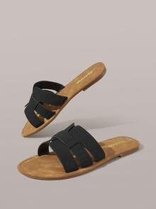 Styleloop 女款經典極簡時尚平底涼鞋，編織設計，棕色，適合春/夏、海灘、度假、旅行度假穿搭旅行必備夏季鞋款 - 黑色 - 查看 4