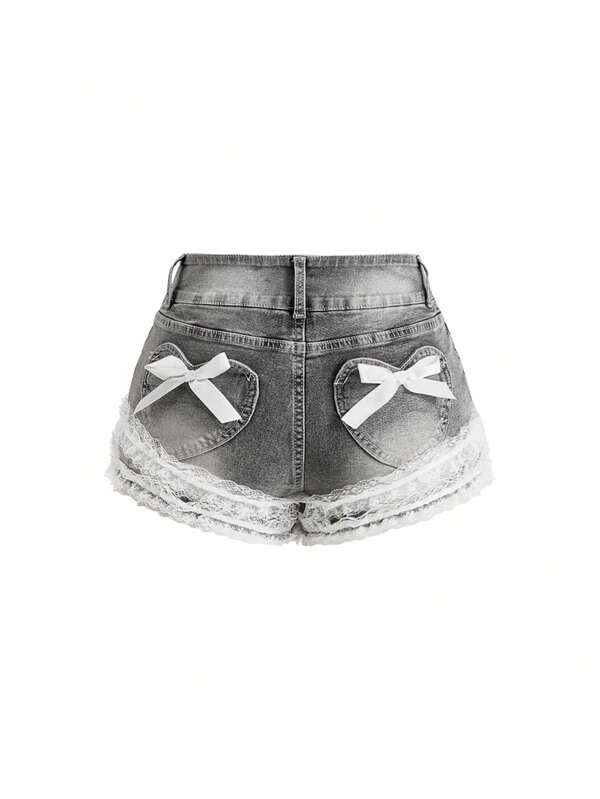 ROMWE Kawaii Girls Casual Cute Streetwear Y2k Bow Decor Heart Patch Pocket Lace Trim Denim Shorts Daytime Everyday Night Grey Summer