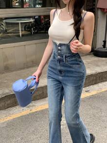 DAZY 复古水洗蓝色双扣腰部拼接喇叭牛仔裤，休闲街头户外音乐节情人节女式背带裤 - 中等水洗藍 - 查看 8