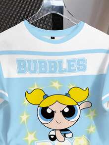 THE POWERPUFF GIRLS X SHEIN Women's Bubbles Pattern Colorblock Round Neck Short Sleeve T-Shirt - White - View 4