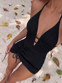 Swim Oasis Women's Solid Color Spaghetti Strap Front Shell Chain Decor Skirt Two Pieces Swimsuit - Black - View 2