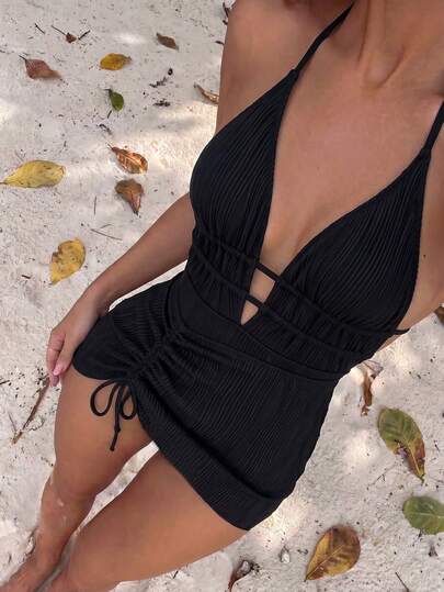 Bonvoyette Women's Solid Color Spaghetti Strap Front Shell Chain Decor Skirt Two Pieces Swimsuit