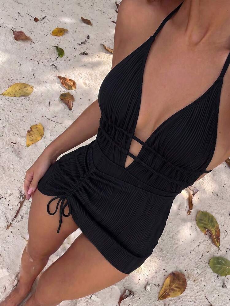 Swim Oasis Women's Solid Color Spaghetti Strap Front Shell Chain Decor Skirt Two Pieces Swimsuit - Black - View 2