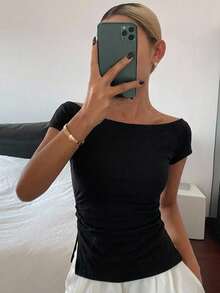 DAZY Women's Solid Color Short Sleeve Ruched Side Split Bodycon Waist T-Shirt Top School Off The Shoulder Tops - Black - View 8