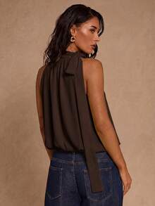 SHEIN Glamour 女款素色掛脖百褶休閒百搭日常出遊襯衫 - 棕色 - 查看 2