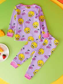LOONEY TUNES X SHEIN Conjunto de Pijama Ajustado de Camiseta de Manga Longa e Calça com Estampa Fofa de Piu-Piu e Cereja para Menina Bebê - Roxo - Visão 3