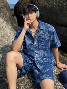 DAZY Floral Jacquard Design Short Sleeve Shirt Paired With Shorts Denim Suit For Men Summer - Blue - View 1