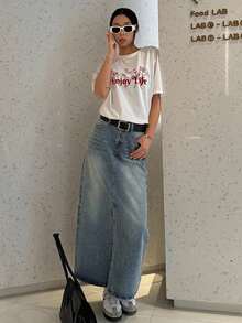 DAZY Distressed Wash Faded Long Slit Pocket Women Denim A-Line Skirt,Fall Clothes Jeans Skirt - Blue - View 4