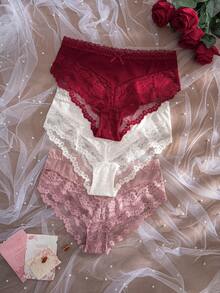 DesireSculpt Women's Lace Patchwork Bow Knot Comfortable Triangle Panties 3pcs Set - Multicolor - View 4