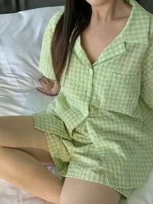 Dazy Plus Plus Size Women Plaid Ruched Texture Loose Top And Shorts Pajama Set, Cute Summer Sleepwear - Mint Green - View 7