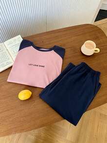 DAZY 字母印花落肩袖寬鬆短袖女款居家服兩件套 夏季睡衣 - 藏蓝色 - 查看 4