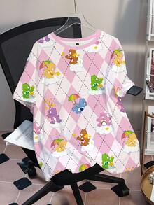 SHEIN X Care Bears Plus Size Women's Cartoon Print Round Neck Short Sleeve Casual T-Shirt - White - View 3