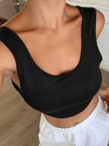 Livesso Wide Strap Backless Padded Short Solid Color Women's Sports Bra - Black - View 9