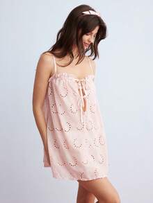Elorette Pink And White Frill Trim Embroidered Lace-Up Flounce Bohemian Cute Romantic Pastoral Women's Nightgown Wedding Summer - Pink - View 3