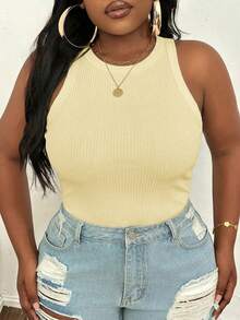 Slaydiva 92% Cotton Ribbed Tank Top Plus Size Casual Basic Fitted Yellow Round Neck Off Shoulder Vest - Yellow - View 4