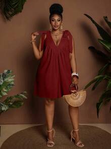 Maweii Plus Size Fashion Women's Summer Elegant Casual Comfortable All Cotton Ruched Deep V-Neck Jumpsuit - Burgundy - View 3