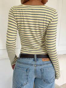 CovetEZ 條紋休閒女款圓領長袖T恤 - 芥末黃 - 查看 7