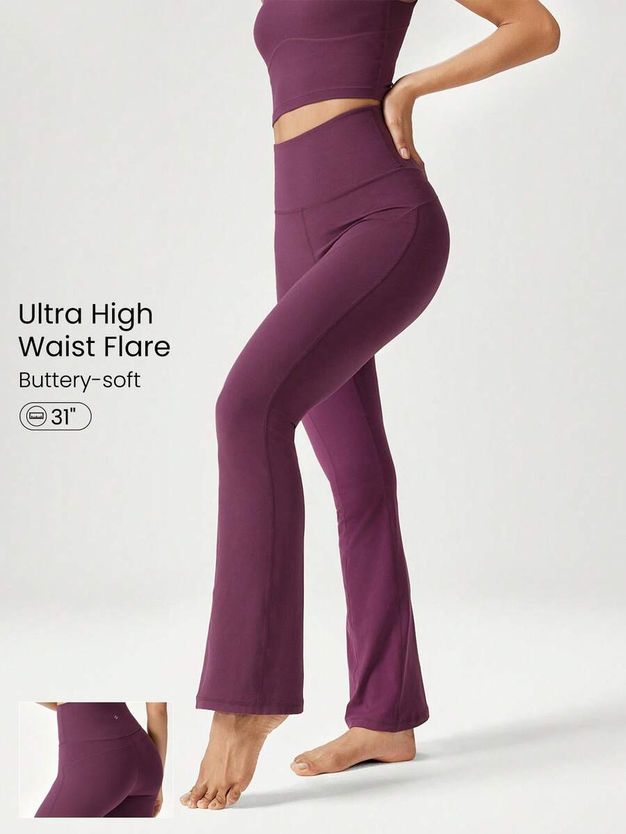 GLOWMODE 31" FeatherFit™ Ultra-High-Waisted Curved Seam Flared Leggings Pants Low Impact Yoga Pilates Daily Spring Summer - Cherry Cola - View 1