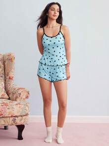 Elorette 2pcs Valentine's Day Contrast Color Ruffles Heart Print Camisole And Shorts Pajama Set - Blue - View 3
