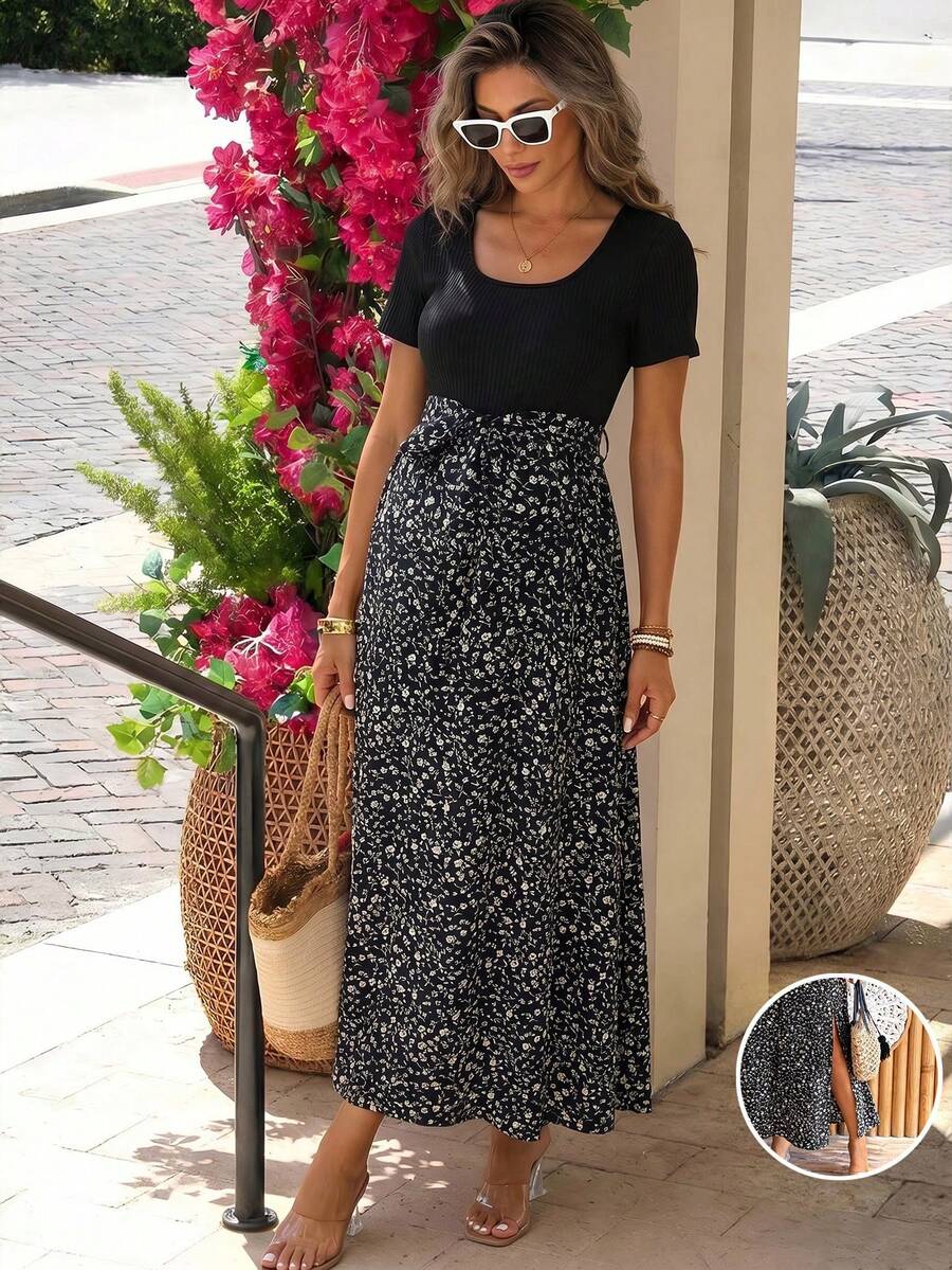 SHEIN 孕婦度假拼接花卉方領短袖優雅洋裝 - 黑色 - 查看 1