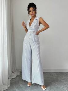 SHEIN Raffinéa Women's Notch Lapel Black & White Striped Elegant Jumpsuit - Black and White - View 3
