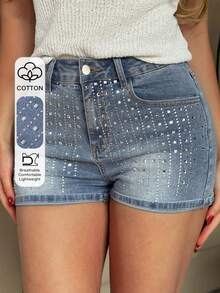 DAZY Western Cowgirl Rhinestone Embellished Skinny Sexy Denim Shorts For Summer - Blue - View 1