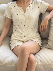 Livesso 2件/套 波點圖案開襟短袖短版睡褲夏季女款睡衣套裝 - 白色 - 查看 5