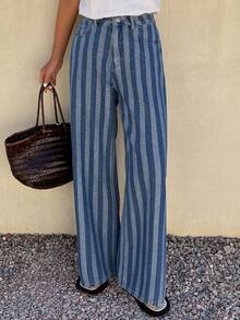 Dazy Tall Women's Striped Straight Loose Casual Jeans, Street Style Vacation Pants - Blue - View 2