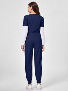 TaskEZ Short Sleeve Top And Long Pants Scrub Uniform Set - Royal Blue - View 2