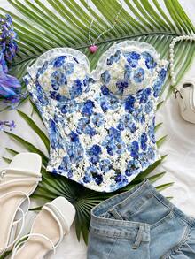 Soleia 女款度假春夏季浪漫雛菊刺繡紋理印花3D花卉裝飾抹胸上衣，休閒約會情人節下午茶海灘郵輪公路旅行城市度假音樂節派對波希米亞波西米亞嬉皮西式風格，內搭/外穿，四季日常通勤 - 藏蓝色 - 查看 3