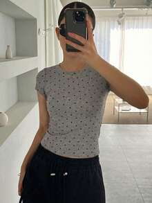 DAZY Women's Round Neck Short Sleeve Fitted Polka Dot Undershirt - Grey - View 4