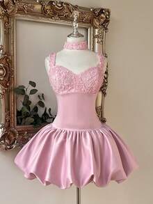 Lovelzi Elegant Romantic Fashion Sweet Pink Floral Bud Short Dress With Floral Lace Patchwork And Satin, Featuring Lace Collar, Suitable For Bachelorette Party, Wedding, Graduation, Homecoming And Other Formal Occasions - Pink - View 3