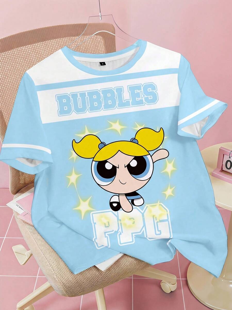 THE POWERPUFF GIRLS X SHEIN 少女圆领卡通字母印花休闲百搭日常短袖T恤 - 白色 - 查看 1