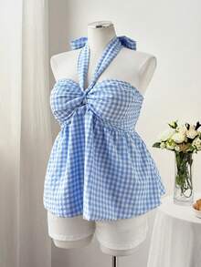 Flirla Plus Size Brown Plaid Ruffle Halter Top, Spring/Summer Gym - Blue - View 5