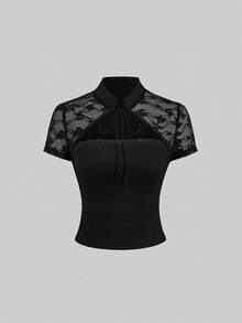 Sweetra Camiseta de mujer de diseñador de calle elegante y versátil, estilo chic de alta calle, efecto adelgazante, con encaje, cómoda, para primavera/verano, nueva - Negro - Ver 1