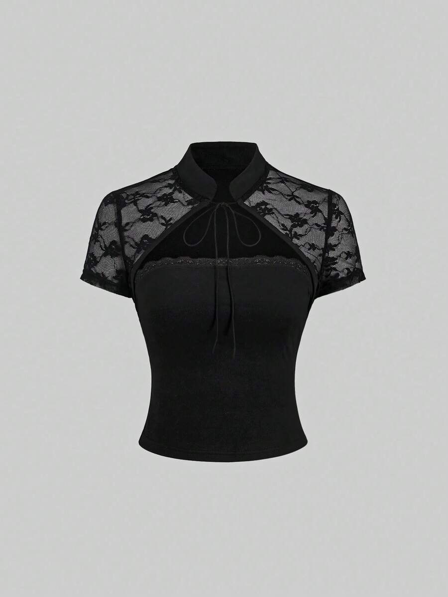 Sweetra Camiseta de mujer de diseñador de calle elegante y versátil, estilo chic de alta calle, efecto adelgazante, con encaje, cómoda, para primavera/verano, nueva - Negro - Ver 1