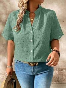 EMERY ROSE Blusa bordada con calado, de manga corta, talla grande - Verde - Ver 7