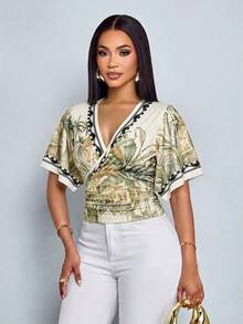 SOLERSUN Women's Spring/Summer Retro Tropical Elegant Print V-Neck Bell Sleeve T-Shirt, Stylish Vacation Party Wear Beige - Apricot - View 6
