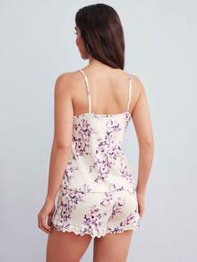 Elorette Floral Patterned Ladies' Camisole Tank Top And Bowknot Decorated Shorts Pajama Set - Beige - View 3
