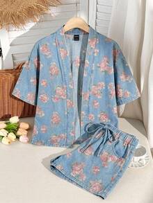 Soleia 女款花卉印花短袖落肩夏季時尚牛仔套裝 度假派對 藍色與粉色休閒 - 彩色 - 查看 1