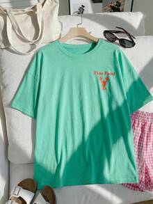 Comfortcana Oversize T-Shirts Casual Minimalist Shrimp Pattern Crew Neck Short Sleeve Ultra Loose Plus Size T-Shirt, Beach Holiday Vacation Mint Green Summer - Green - View 11