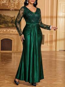 Fleurora Women's V-Neck Lace Patchwork Pleated Elegant Waist Cinched Long Party Dress - Dark Green - View 4