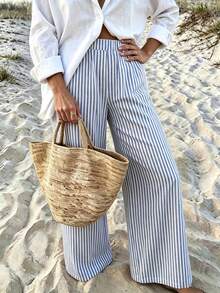 Vaclyn Women's Casual Vacation Style Striped Wide Leg Loose Long Pants - Blue - View 4