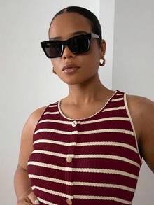 ELLERISSA Plus Size Red & White Striped Button Front Sleeveless Midi Dress - Red and White - View 3